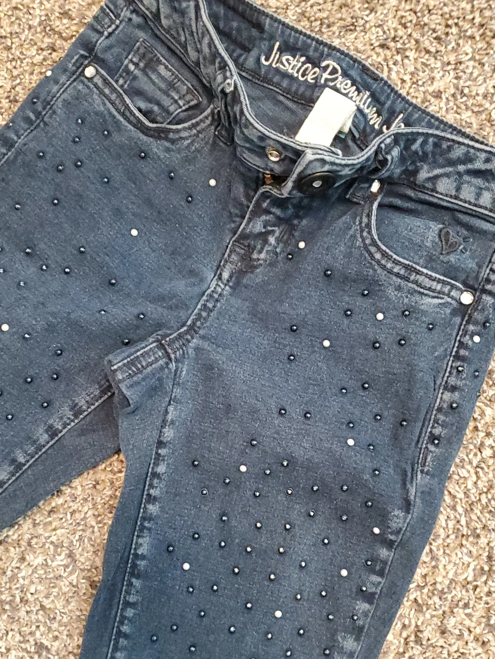 Justice Dark Blue Skinny Jeans with Pearl & Stud Details